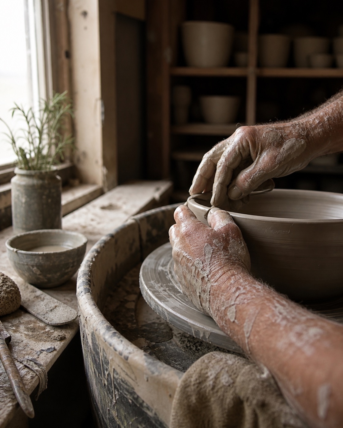 A potter smoothing the rim of an unfired stoneware bowl on a wheel